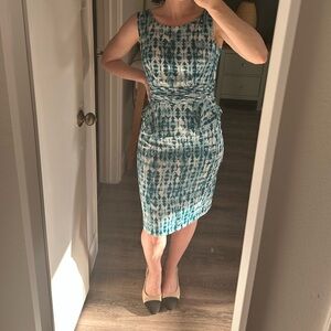 ANTONIO MELANI silk Blue and White Ruched Sheath Dress with peplum